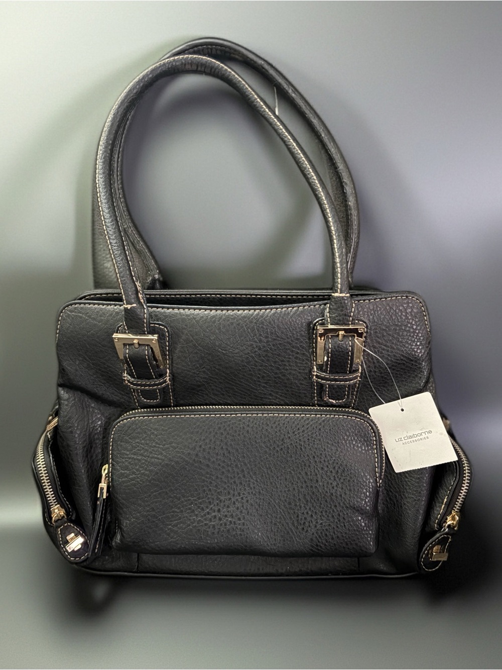 Liz Claiborne Black Pebbled Leather Top-Handle Shoulder Bag